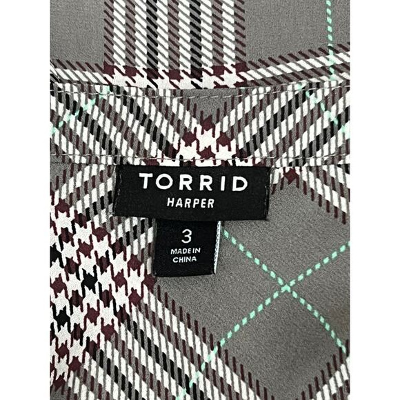 Torrid Harper Gray Plaid A-line Lightweight 3/4" Sleeves V-neck Blouse Size 3 - Picture 7 of 9